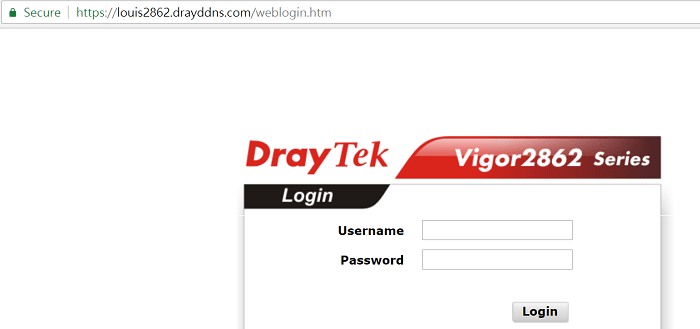 a screenshot of a browser opening Vigor2862's web management page, and it shows secure HTTPS connection at the address bar